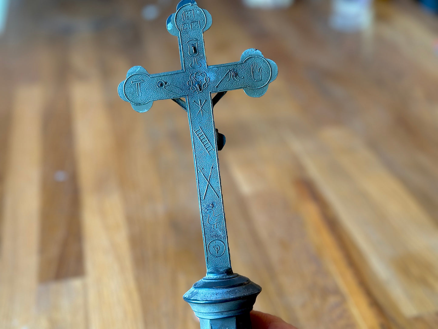 vintage standing metal crucifix with symbols